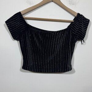 Forever 21 Womens Velvet Black Off the Shoulder Crop Top Sz Medium Striped
